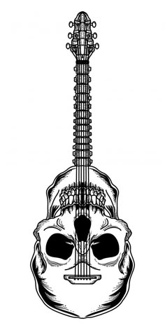 a drawing of a guitar with a skull face on it's head and the neck