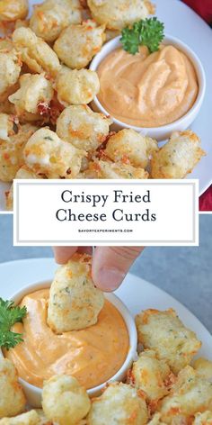 crispy fried cheese cubes with dipping sauce on a white platter and the title overlay reads, crispy fried cheese curds