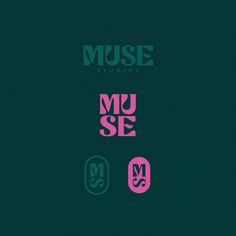 the music studio logo is shown in pink and green on a black background with two smaller logos