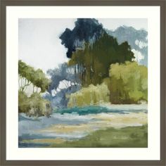 an abstract painting of trees and water