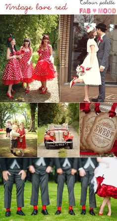 a collage of photos with people dressed up in red and white dresses, one man is