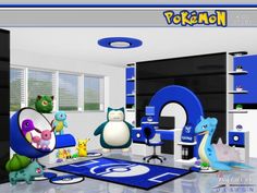 the room is decorated in blue and white with pokemon characters on the rug, along with other toys