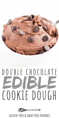 chocolate edible cookie dough in a white bowl with text overlay that reads, double chocolate edible cookie dough