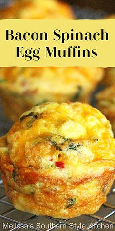 bacon spinach egg muffins on a cooling rack with the title above it