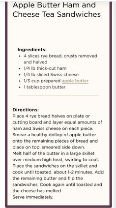 the recipe for apple butter ham and cheese tea sandwiches is shown in purple, white and black