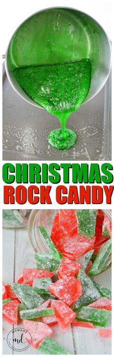 christmas rock candy in a glass bowl with the words, christmas rock candy on it