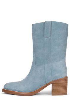 Stacked block-heeled western-inspired mid-calf boot Fits true to size Measurements taken from a size 7 2.5" Heel, 0.5" Platform 7.5" Shaft, 11" Leg Opening Leather Upper, Leather Lining, Synthetic Sole Boot Fits, Mid Calf Boots, Blue Suede, Strappy Sandals, Dusty Blue, Mid Calf, Block Heels, Leather Upper, Size 7