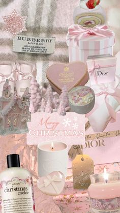 christmas collage with pink and white items