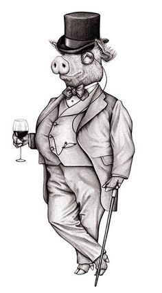 a drawing of a pig in a top hat and suit holding a glass of wine