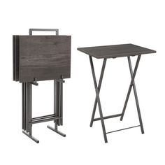 two wooden tables with metal legs and a table top that has a magazine rack attached to it