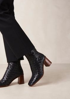 Alohas West Black Vintage Boots, Freepeople Black Booties, Black Ankle Boots For Fall, Alohas Chalk Boot, Slip On Black Leather Boots, Black Leather Ankle Boots Low, Black Suede Boots Midcalf Flats, Ankle Boots With A Heel, Luxury Black Mid-calf Boots For Spring