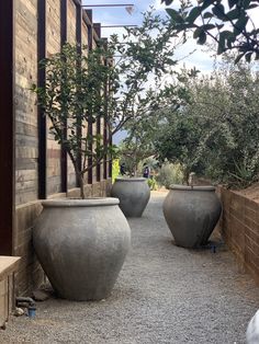 two large vases sitting next to each other on a stone walkway in front of a brick building