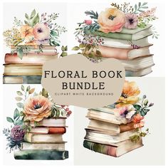 the floral book bundle includes books, flowers and watercolors on white paper with an overlay