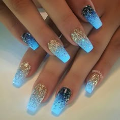 Blue And Gold Nail Designs, Latest Nails, Ocean Nails, Painterly Prints, Nails Styles, Gold Nail Designs, Nails Tips, Gold Nail, Glow Nails