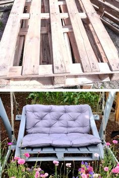 an old pallet has been transformed into a garden bench with cushions and flowers around it