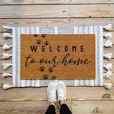 doormat that says welcome to our home in the middle. It has paw prints walking across the mat.  coir doormat. Sublimation Door Mat Ideas, Hand Painted Door Mats, Door Mats Ideas, Welcome Mat Diy, Diy Door Mats, Welcome Mat Ideas, Cute Welcome Mat, Easter Doormat, Welcome Mat Front Door