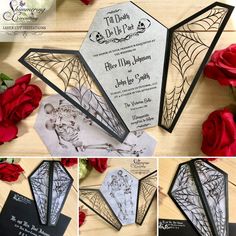 the wedding stationery is designed to look like an intricate spider web