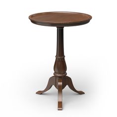 an old fashioned wooden table with two legs and a small round top, on a white background