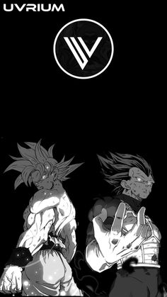 two anime characters standing next to each other in front of a black and white background