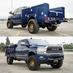 two pictures of a blue truck with yellow wheels and rims, one showing the front end