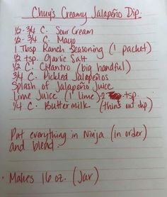 a handwritten recipe for cheese cremey jalapeno dip on lined paper