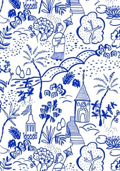 a blue and white drawing of trees, bushes, houses, and people in the distance