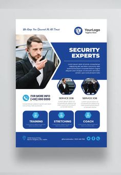 the security expert flyer template is shown in blue and white, with an image of a man