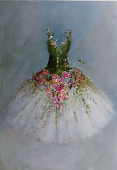 a painting of a ballerina's dress with flowers on the bottom and in the middle