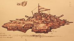 this is a drawing of a ship made out of tanks and other things in the air