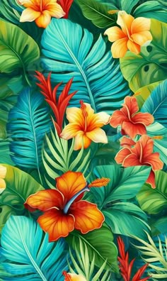 Tropical seamless pattern Flowers Tropical, Colorful Floral Background, Tropical Mood Board, Tropical Flowers Color Palette, Tropical Digital Art, Seamless Pattern, Tropical Flower Background, Tropical Flowers Illustration, Tropical Background Illustration