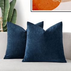 two blue pillows sitting on top of a couch next to a potted green plant