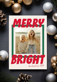 Fun and bold customizable holiday photo card featuring the words "Merry" and "Bright" in a blocky handwriting font framing the top and bottom of a family or kids photo for a playful, upbeat, slightly retro holiday greeting. Holiday Card Ideas Photo, Happy Holidays Card, Photo Area, Christmas Holiday Photos, Holiday Greeting, Merry Christmas Card