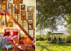 the inside and outside of a house with pictures on the wall, stairs leading up to an open porch