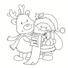 a black and white drawing of a teddy bear holding a present box with a deer on it