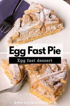 egg fast pie on a white plate with a fork and napkin next to it, topped with powdered sugar