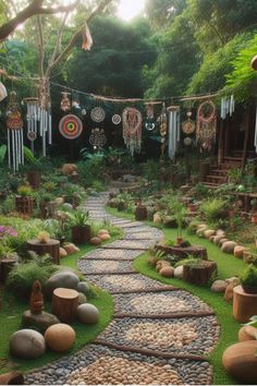 an outdoor garden with stones and grass