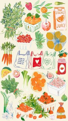 an illustration of various fruits and vegetables on a white background with the words orange juice