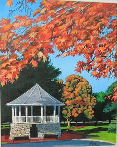 a painting of a gazebo in the fall