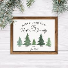 a christmas tree family sign hanging on a wall next to pine branches with the names merry christmas