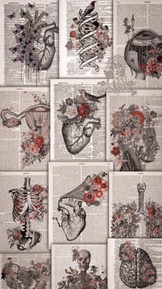 an old book with many images of human heart and lungs on it, all in black and white