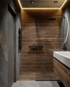 a modern bathroom with wooden walls and flooring