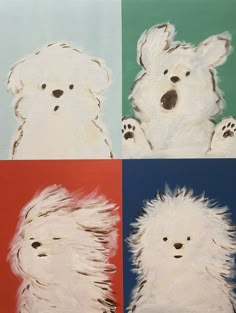 four paintings of dogs with different colors and sizes