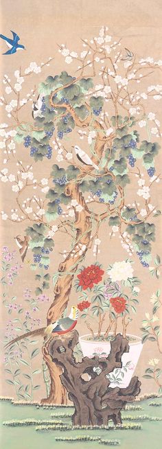 hand-painted wallpaper panel of indienne chinoiserie in staunton colourway Chinoiserie Mural, Painted Wallpaper, Wallpaper Panel, Hand Carved Wood, Asian Art