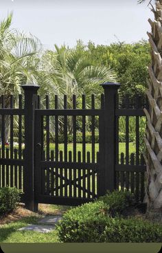 a black gate is surrounded by palm trees