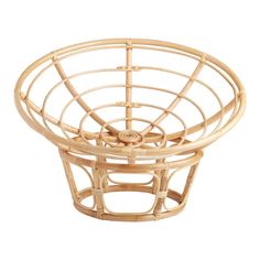 a round bamboo basket with wheels on the top and bottom, sitting in front of a white background