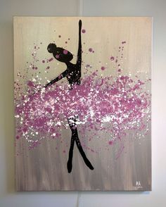 a painting of a ballerina with pink and white paint splattered on it