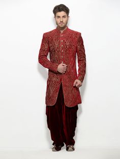 Maroon Velvet Men Dhoti Suit For price or detail do whatsApp +91-9913433322 Men's Wedding Wear, Wedding Wear For Men, Indian Dresses Online, Mens Wear Wedding, Sherwani For Men, Weddings Receptions, Wedding Sherwani, Men Wear