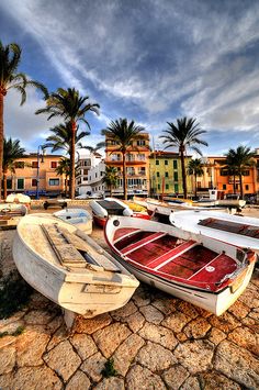 boats are lined up on the shore in front of some buildings and palm trees, under a cloudy blue sky