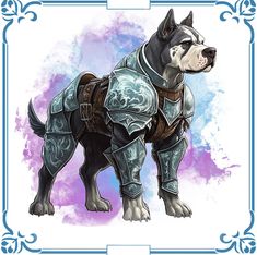 a drawing of a dog in armor on a purple and blue watercolor stain background