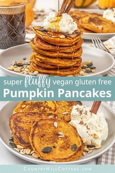 pumpkin pancakes with maple syrup and whipped cream are stacked on top of each other in this super fluffy vegan gluten free recipe